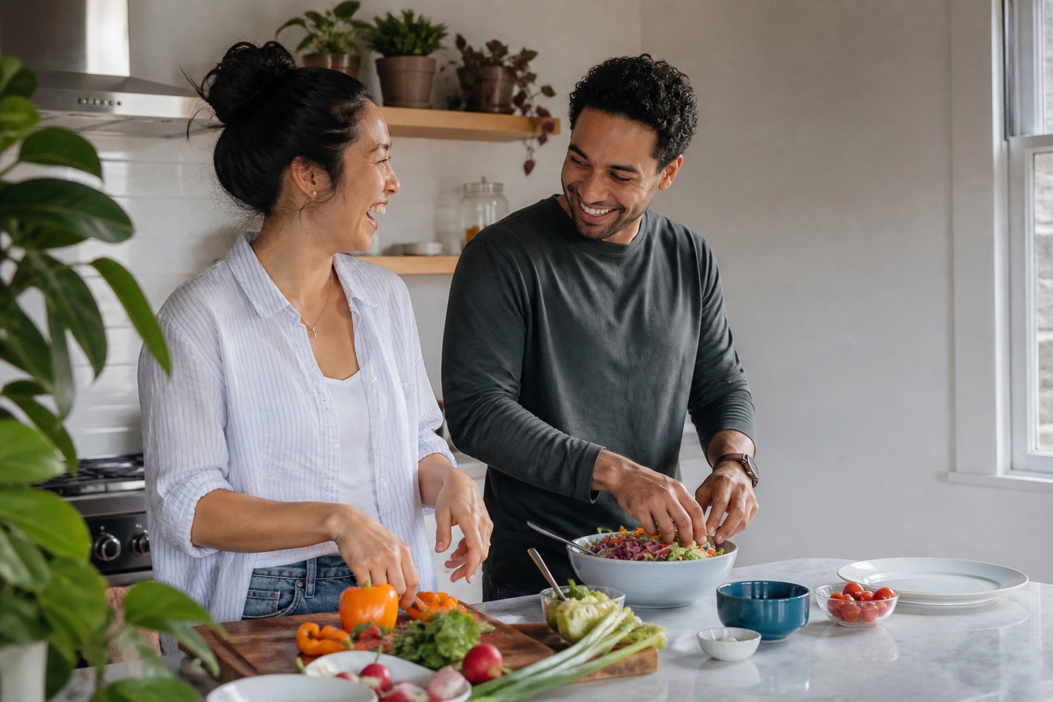 Casal preparando uma refeição em casa