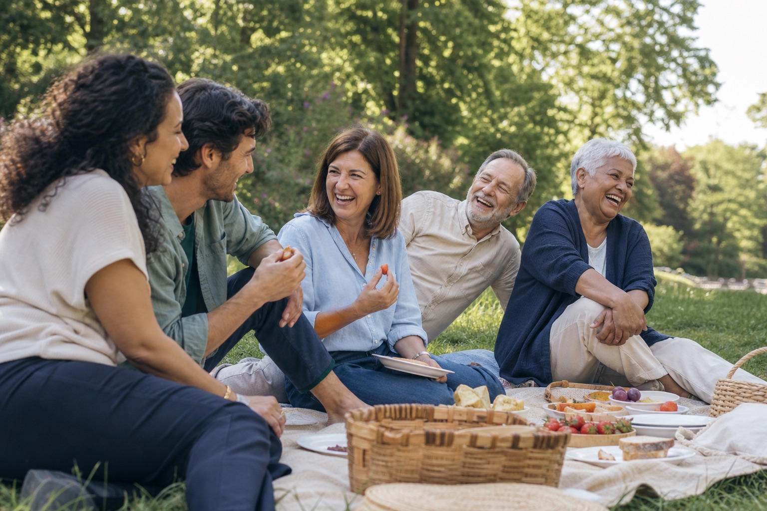 Família adulta de diferentes gerações reunida em um parque