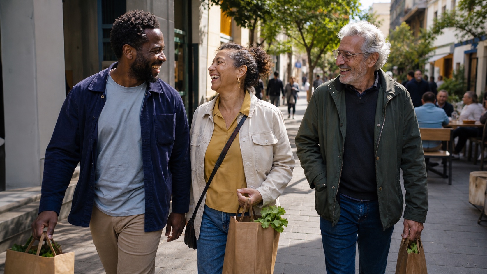 Amigos adultos de diferentes idades caminhando juntos em uma rua ensolarada