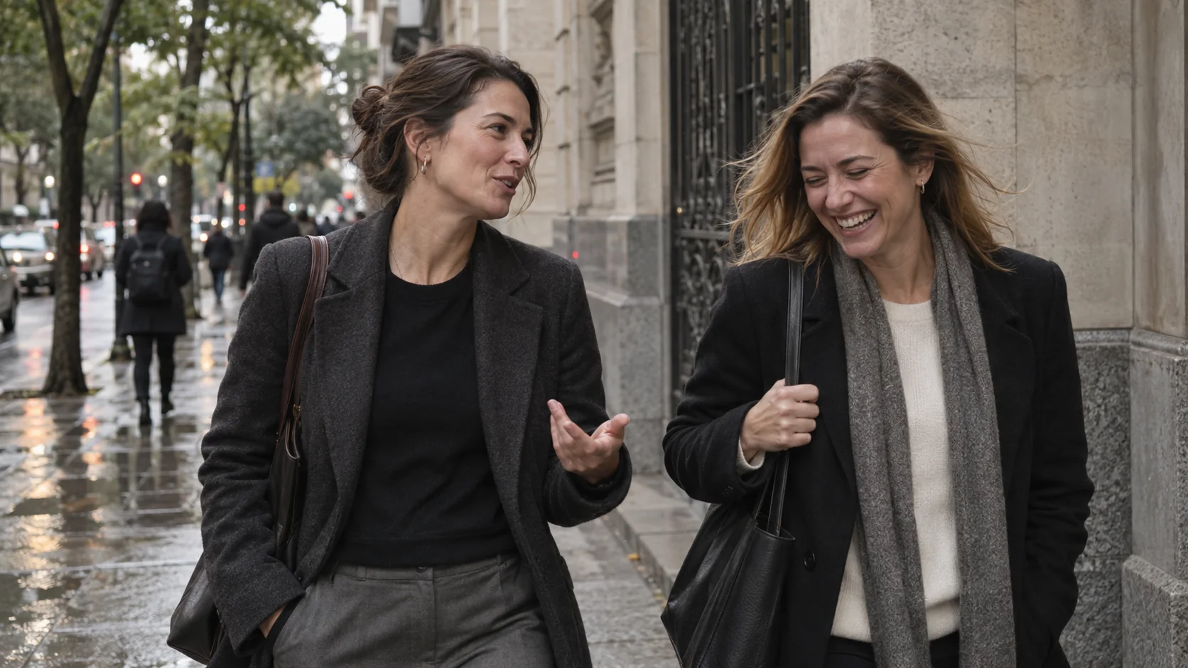 Duas mulheres caminhando e conversando na rua