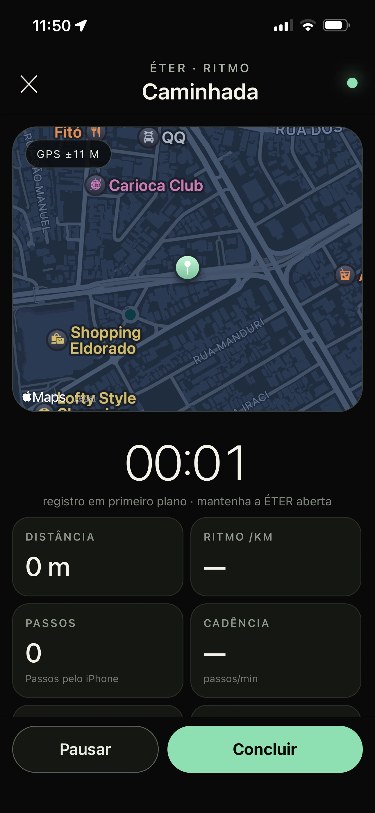 Interface Movimento do app ÉTER